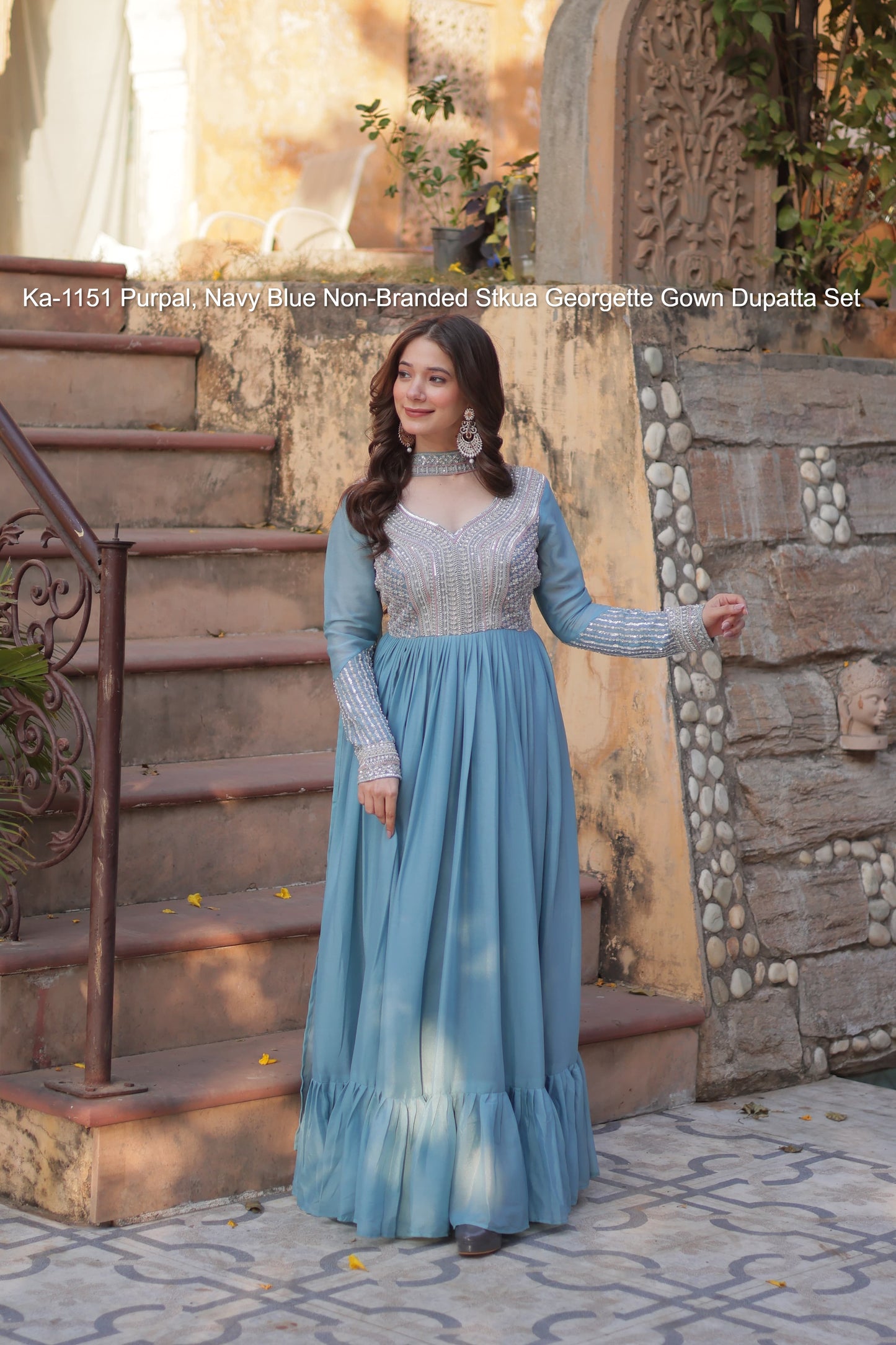 Ka-1151 Purpal, Navy Blue Non-Branded Stkua Georgette Gown Dupatta Set