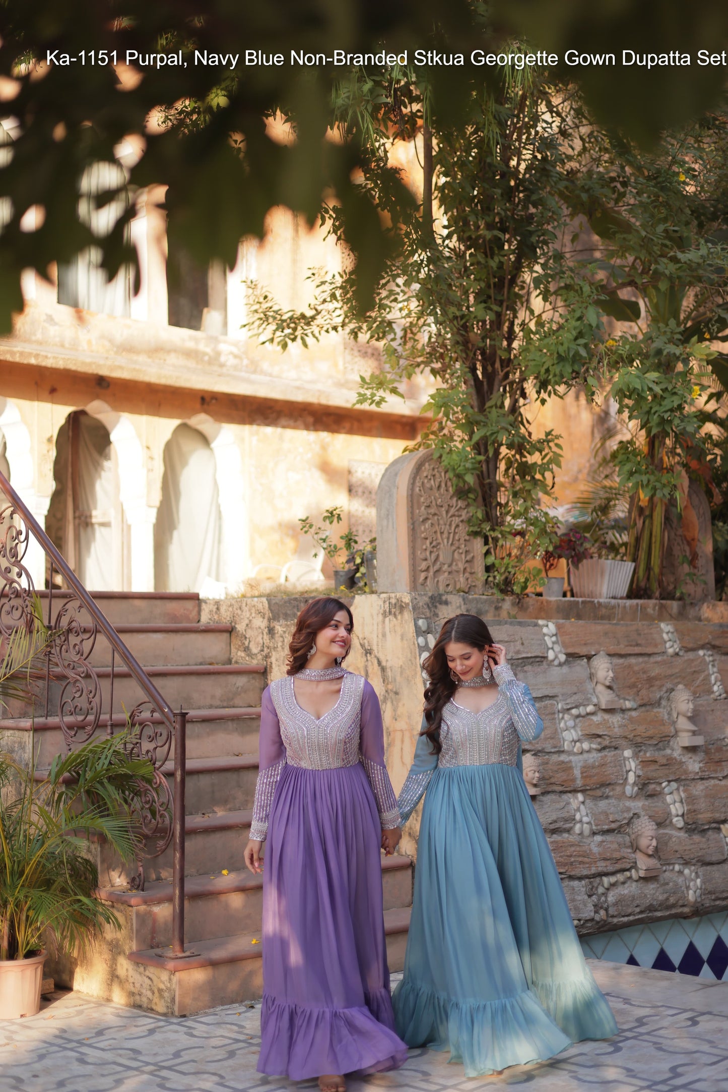 Ka-1151 Purpal, Navy Blue Non-Branded Stkua Georgette Gown Dupatta Set