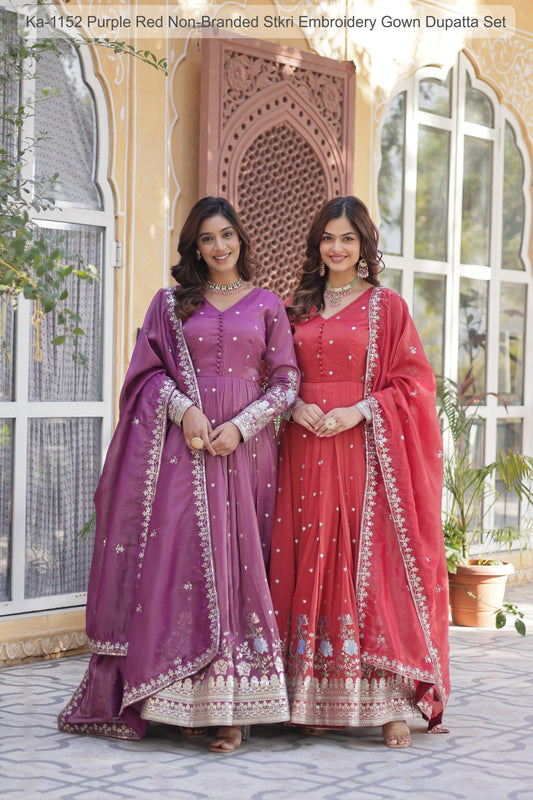 Ka-1152 Purple Red Non-Branded Stkri Embroidery Gown Dupatta Set
