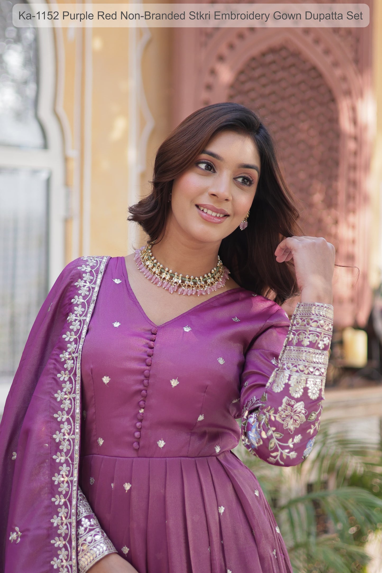 Ka-1152 Purple Red Non-Branded Stkri Embroidery Gown Dupatta Set
