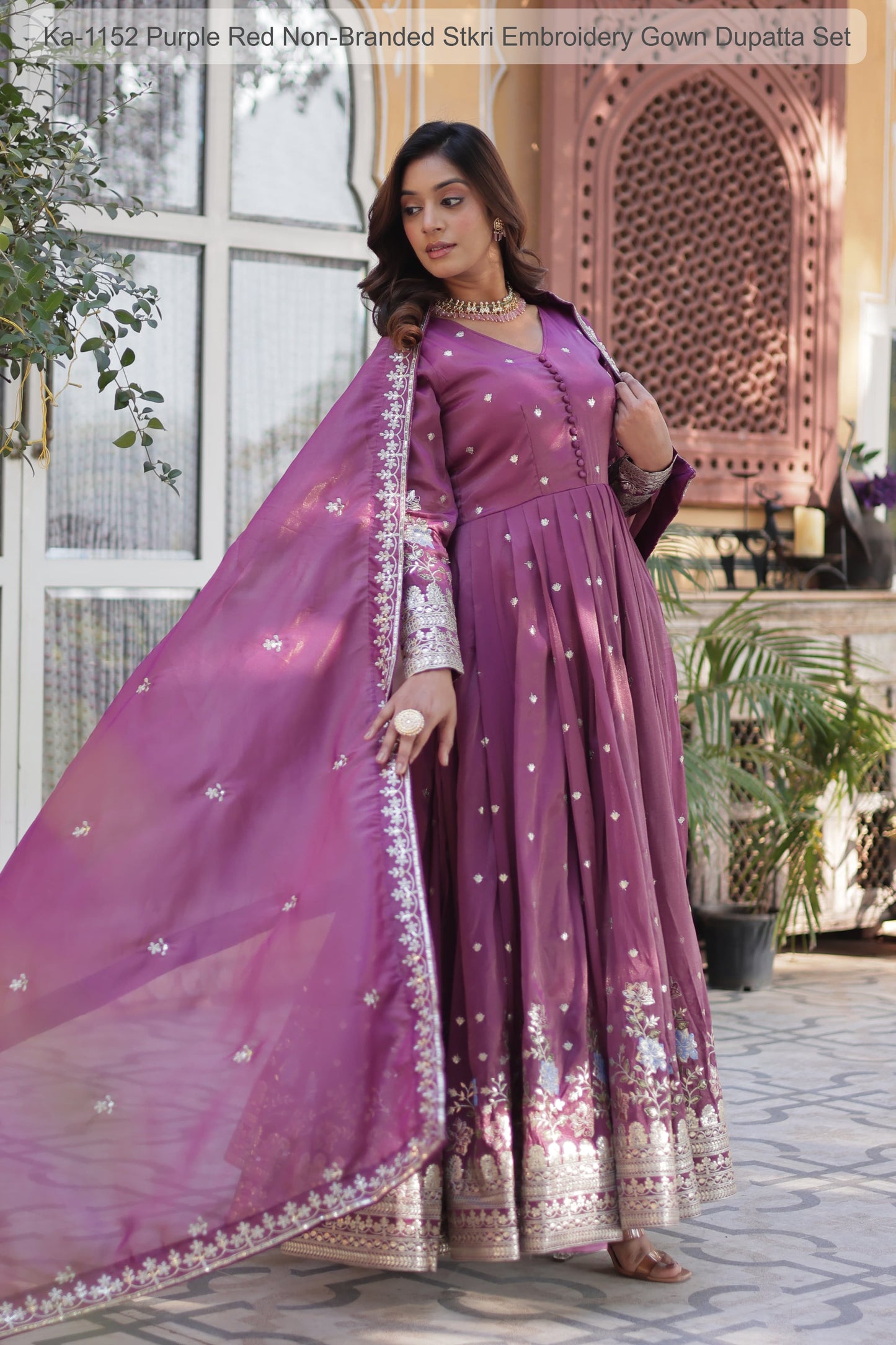Ka-1152 Purple Red Non-Branded Stkri Embroidery Gown Dupatta Set