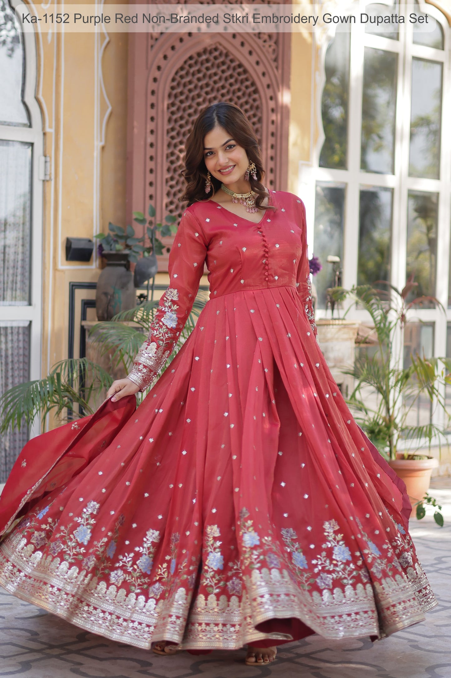 Ka-1152 Purple Red Non-Branded Stkri Embroidery Gown Dupatta Set
