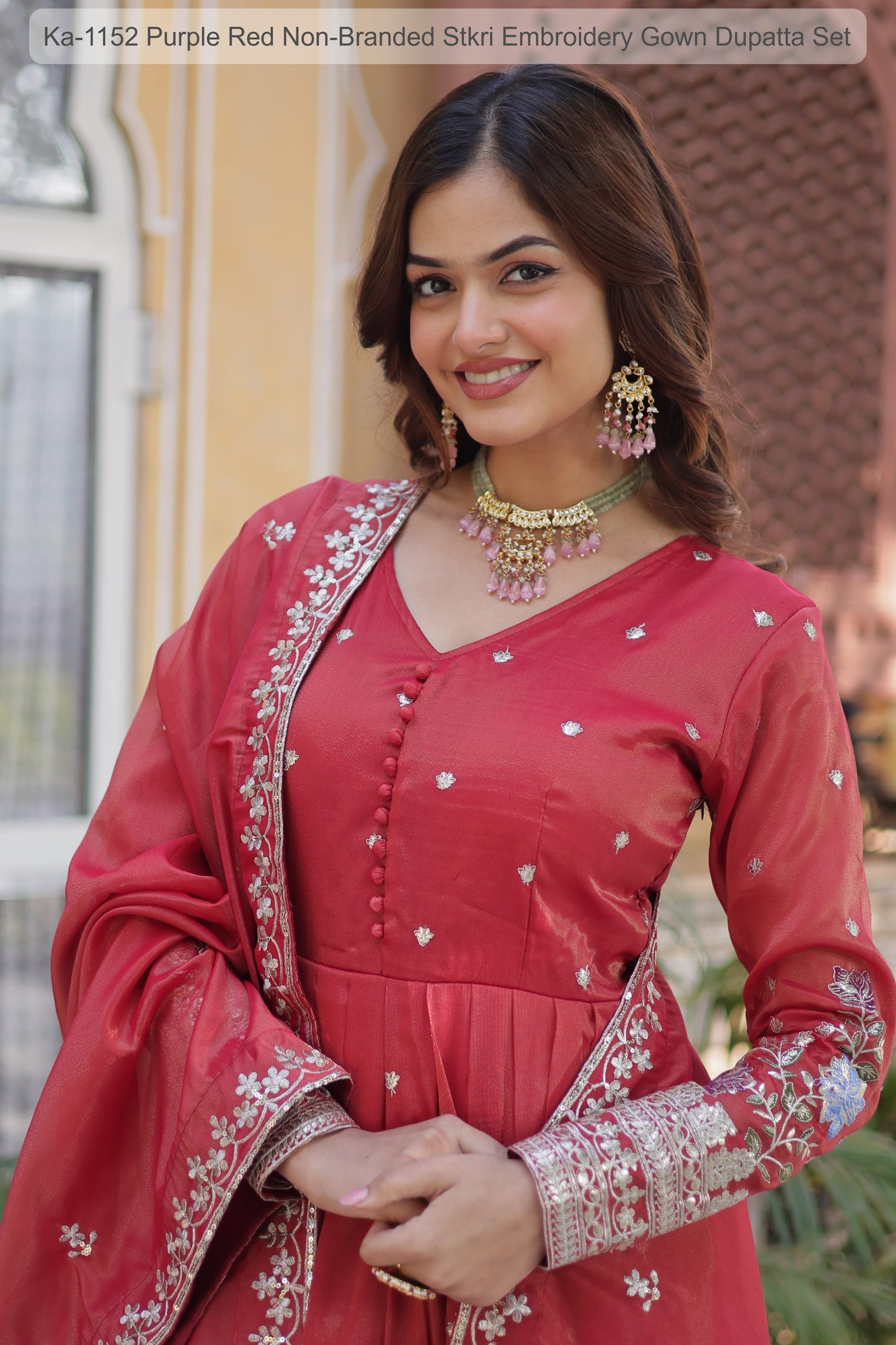 Ka-1152 Purple Red Non-Branded Stkri Embroidery Gown Dupatta Set
