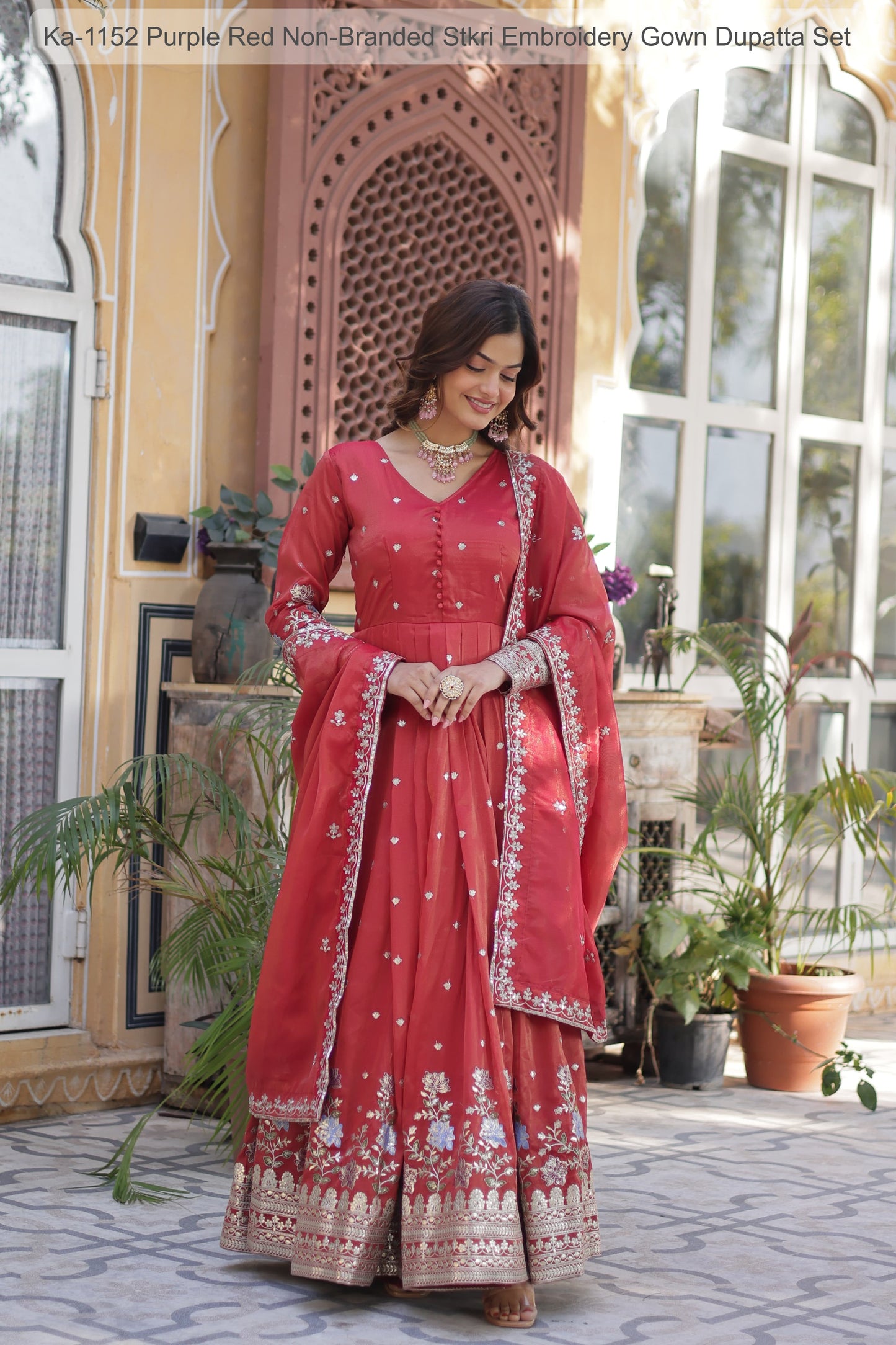 Ka-1152 Purple Red Non-Branded Stkri Embroidery Gown Dupatta Set