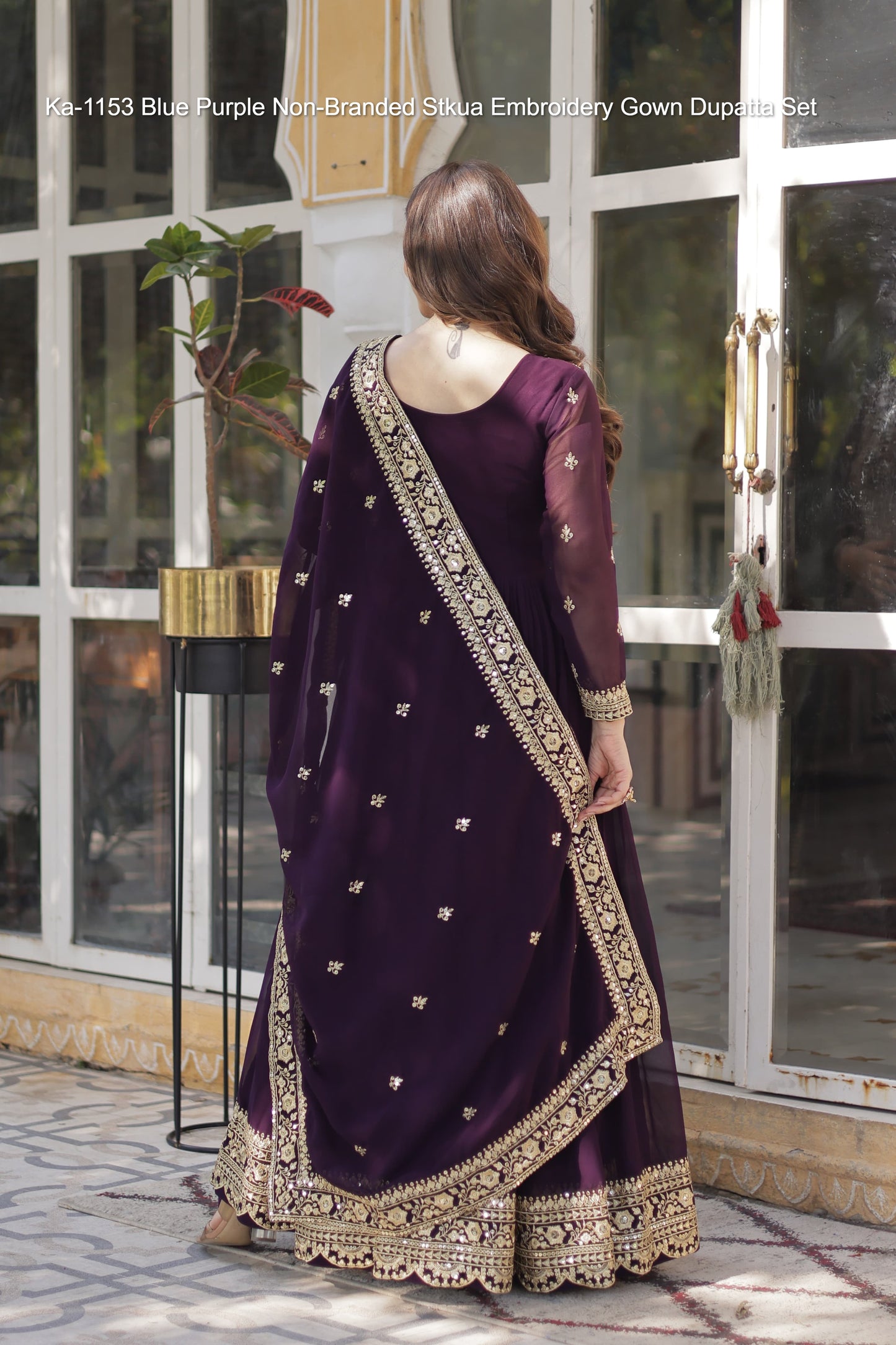 Ka-1153 Blue Purple Non-Branded Stkua Embroidery Gown Dupatta Set