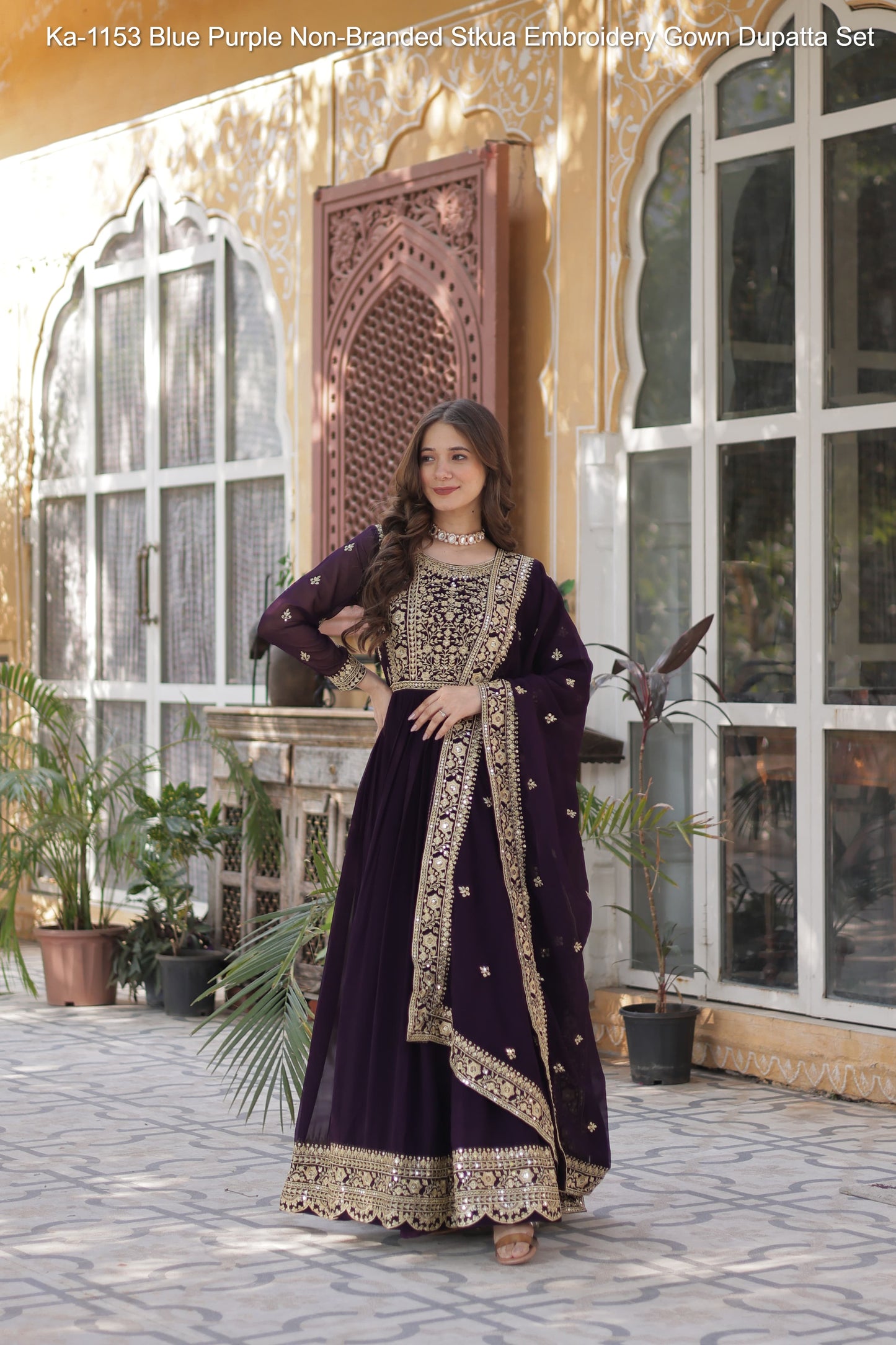 Ka-1153 Blue Purple Non-Branded Stkua Embroidery Gown Dupatta Set
