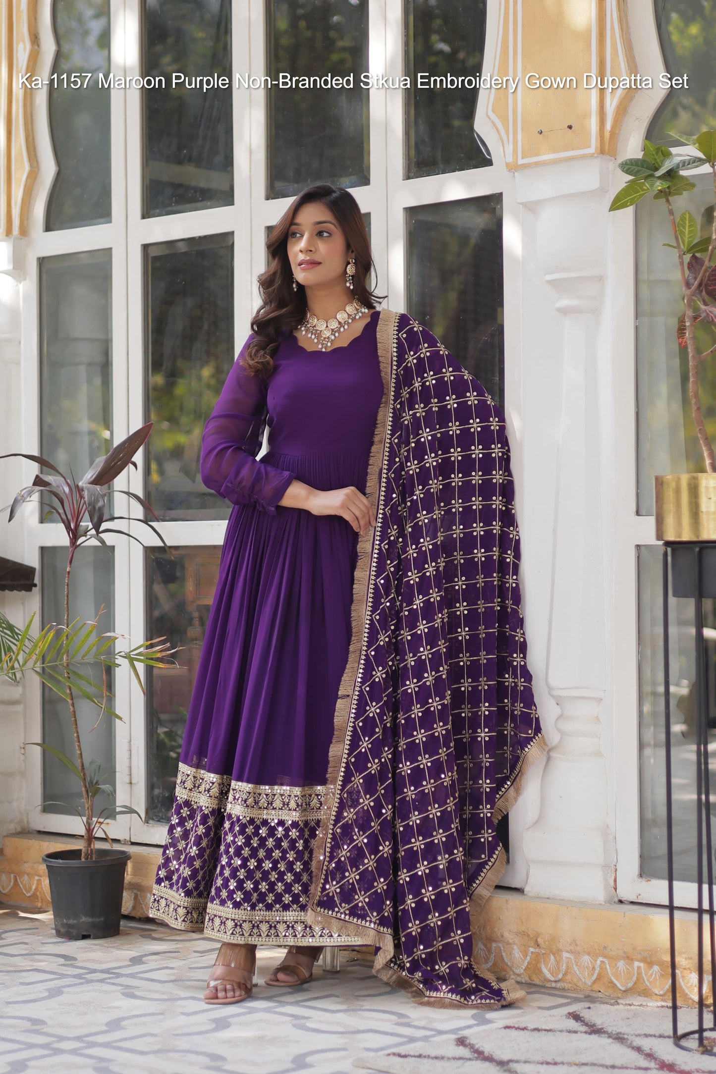 Ka-1157 Maroon Purple Non-Branded Stkua Embroidery Gown Dupatta Set