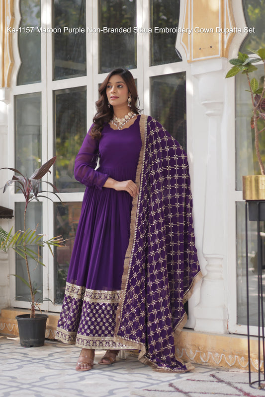 Ka-1157 Maroon Purple Non-Branded Stkua Embroidery Gown Dupatta Set