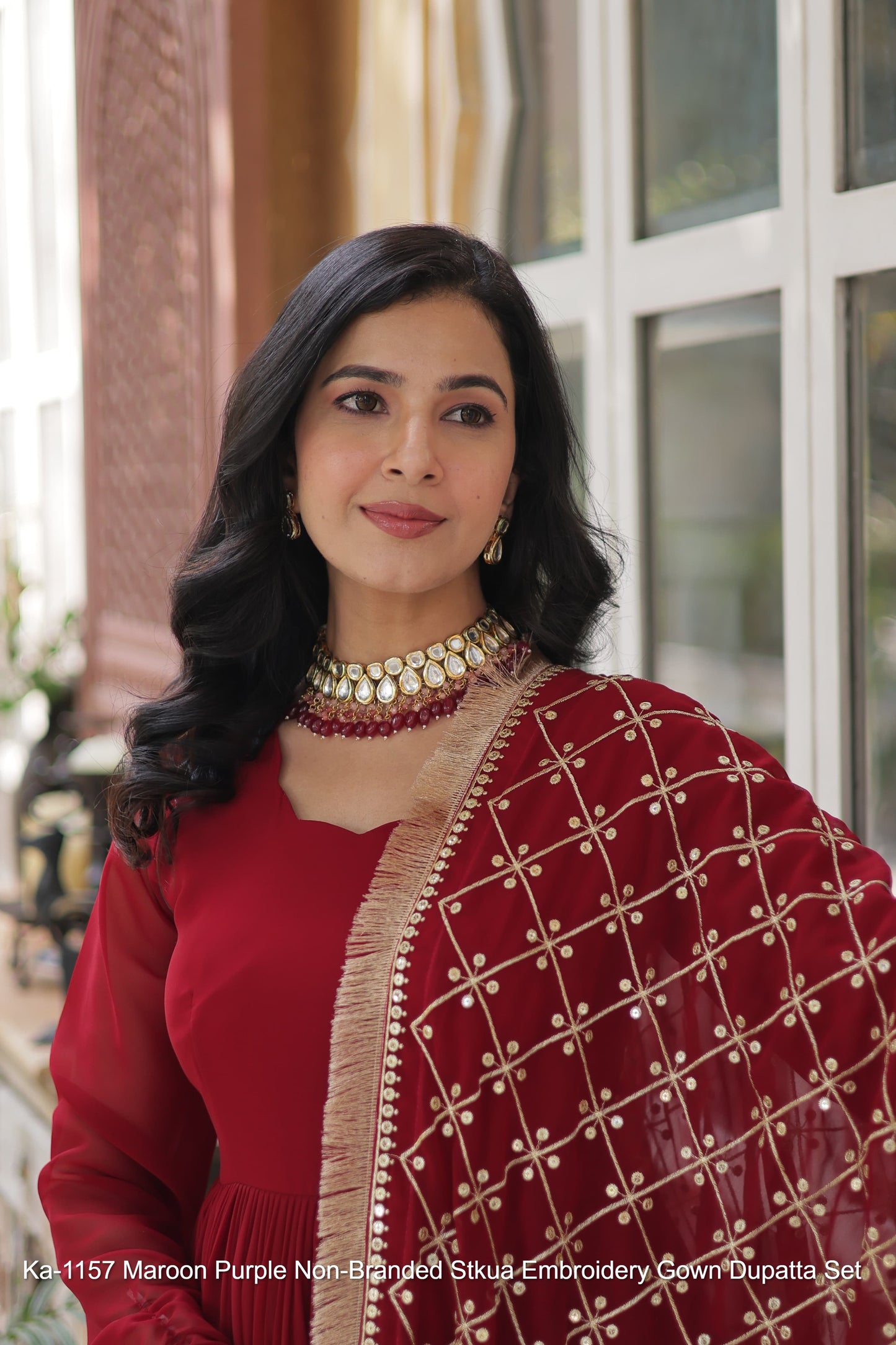 Ka-1157 Maroon Purple Non-Branded Stkua Embroidery Gown Dupatta Set