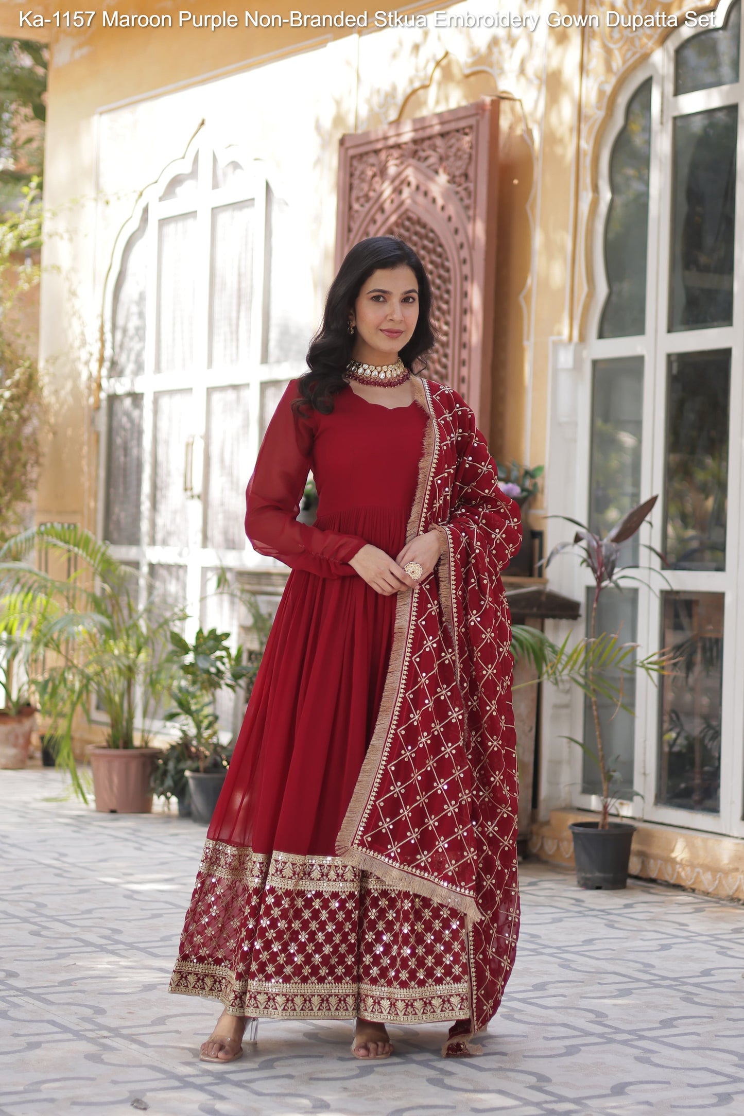 Ka-1157 Maroon Purple Non-Branded Stkua Embroidery Gown Dupatta Set