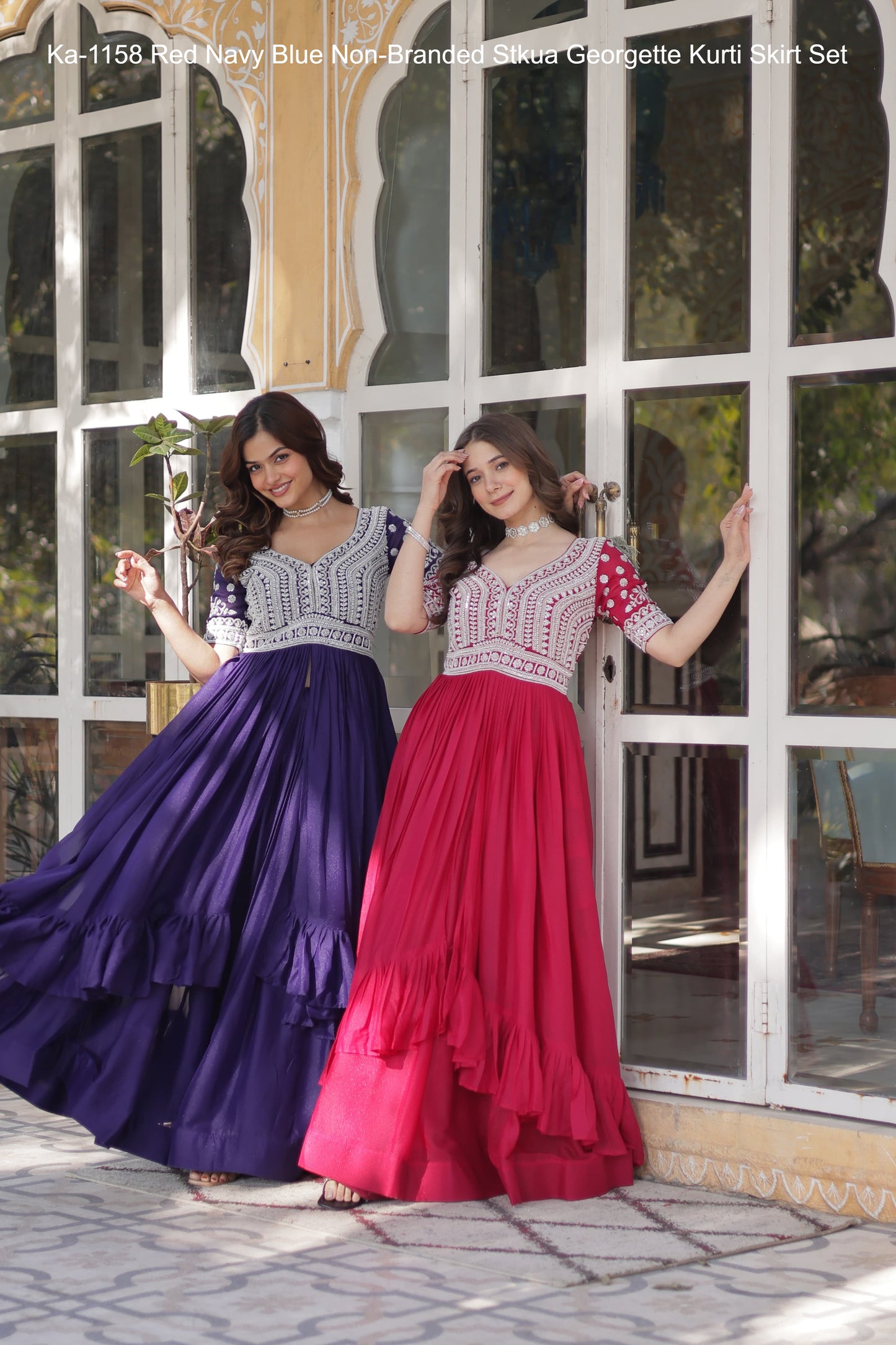 Ka-1158 Red Navy Blue Non-Branded Stkua Georgette Kurti Skirt Set