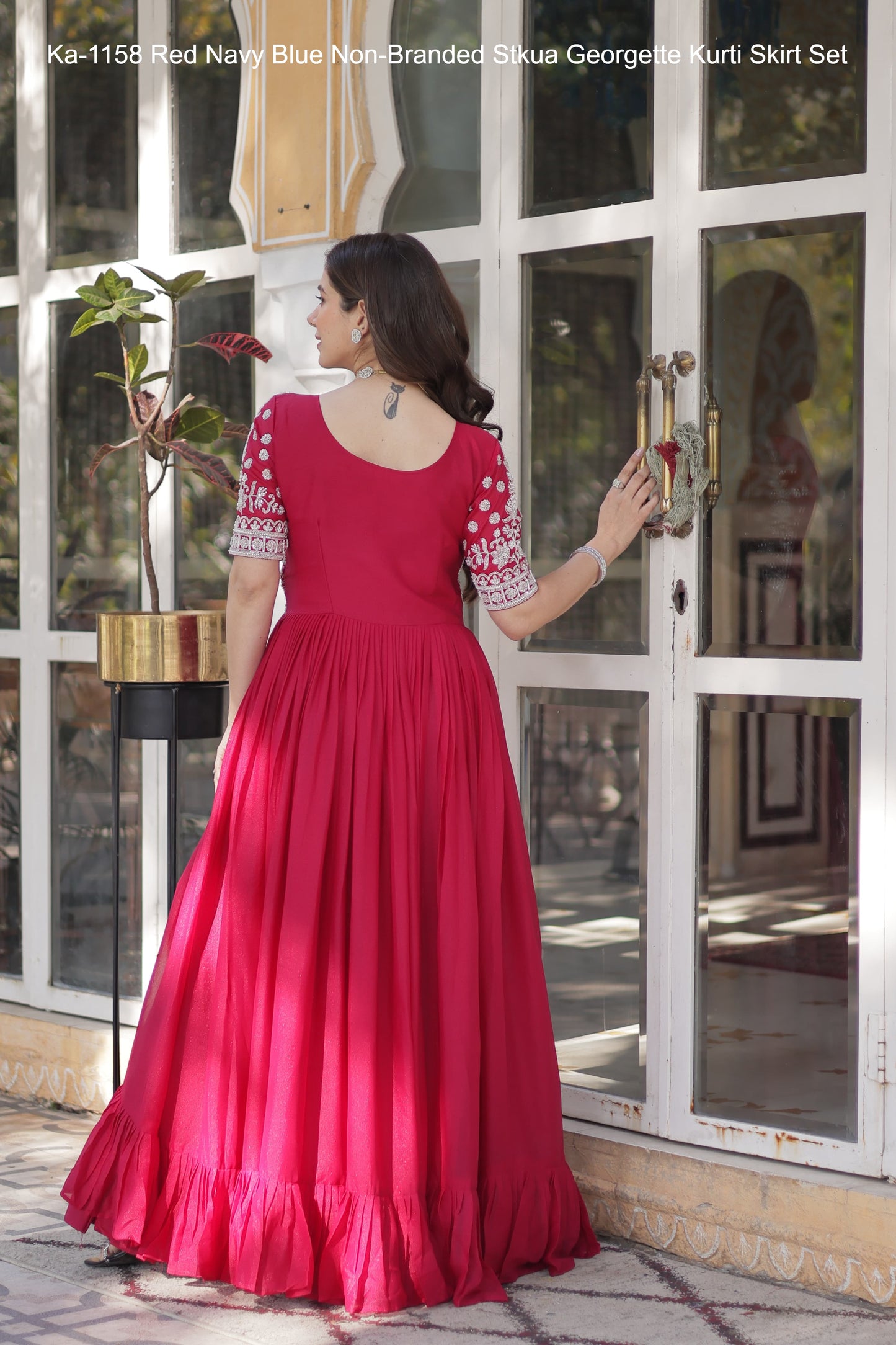 Ka-1158 Red Navy Blue Non-Branded Stkua Georgette Kurti Skirt Set