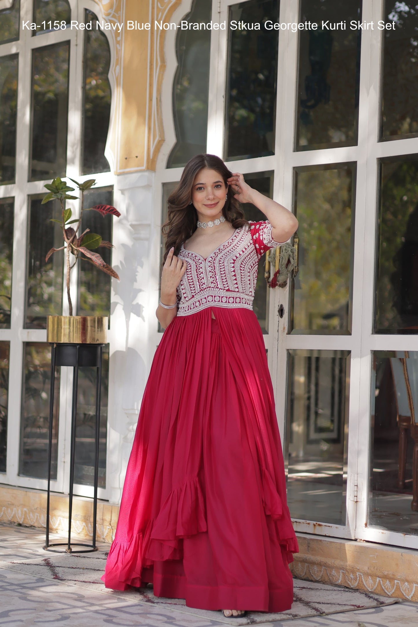 Ka-1158 Red Navy Blue Non-Branded Stkua Georgette Kurti Skirt Set
