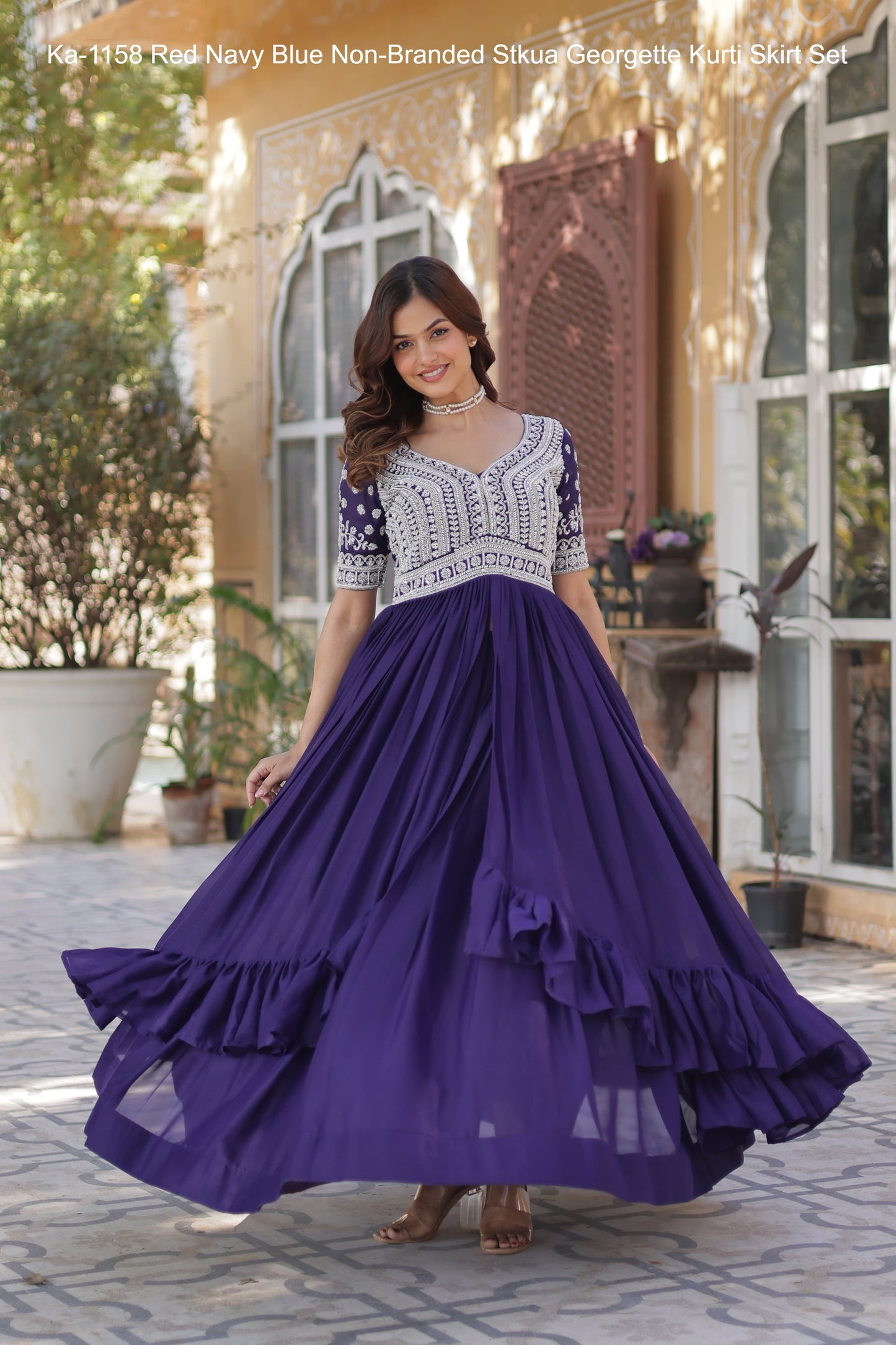Ka-1158 Red Navy Blue Non-Branded Stkua Georgette Kurti Skirt Set