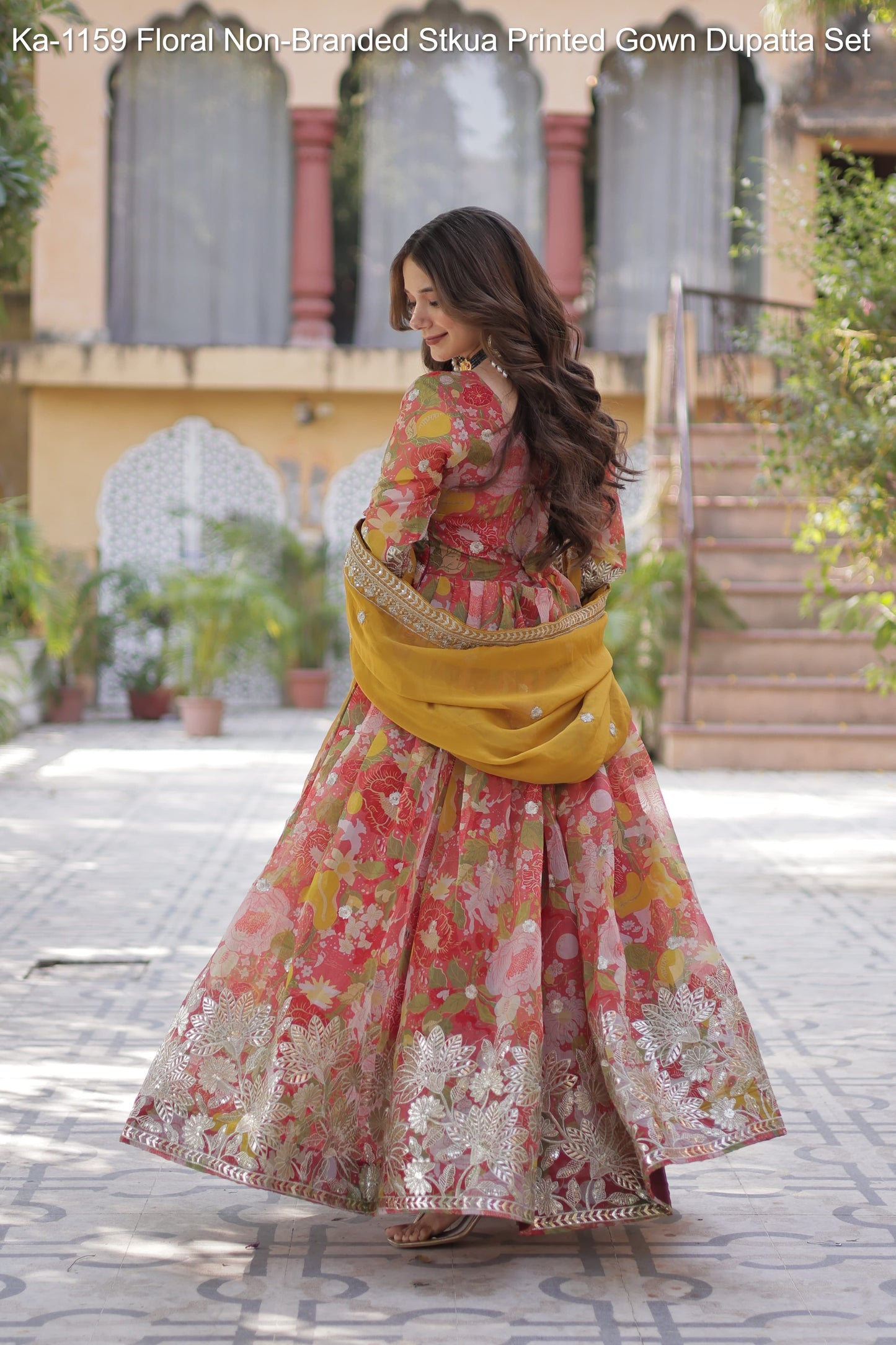 Ka-1159 Floral Non-Branded Stkua Printed Gown Dupatta Set