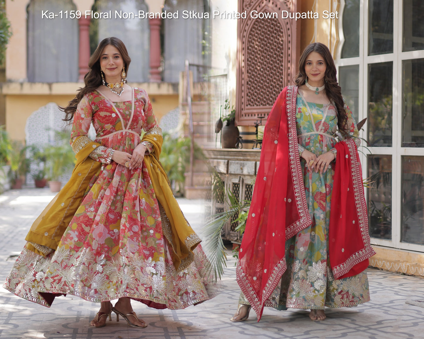 Ka-1159 Floral Non-Branded Stkua Printed Gown Dupatta Set
