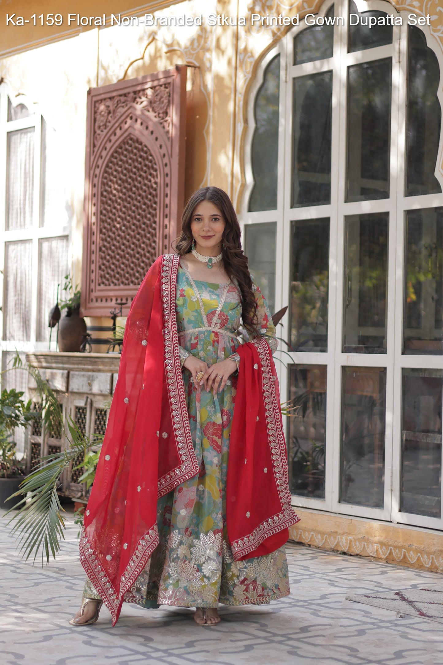 Ka-1159 Floral Non-Branded Stkua Printed Gown Dupatta Set