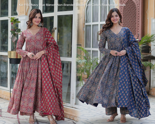 Ka-1160 Navy Blue Maroon Non-Branded Stkua Pure Cotton Readymade Suits