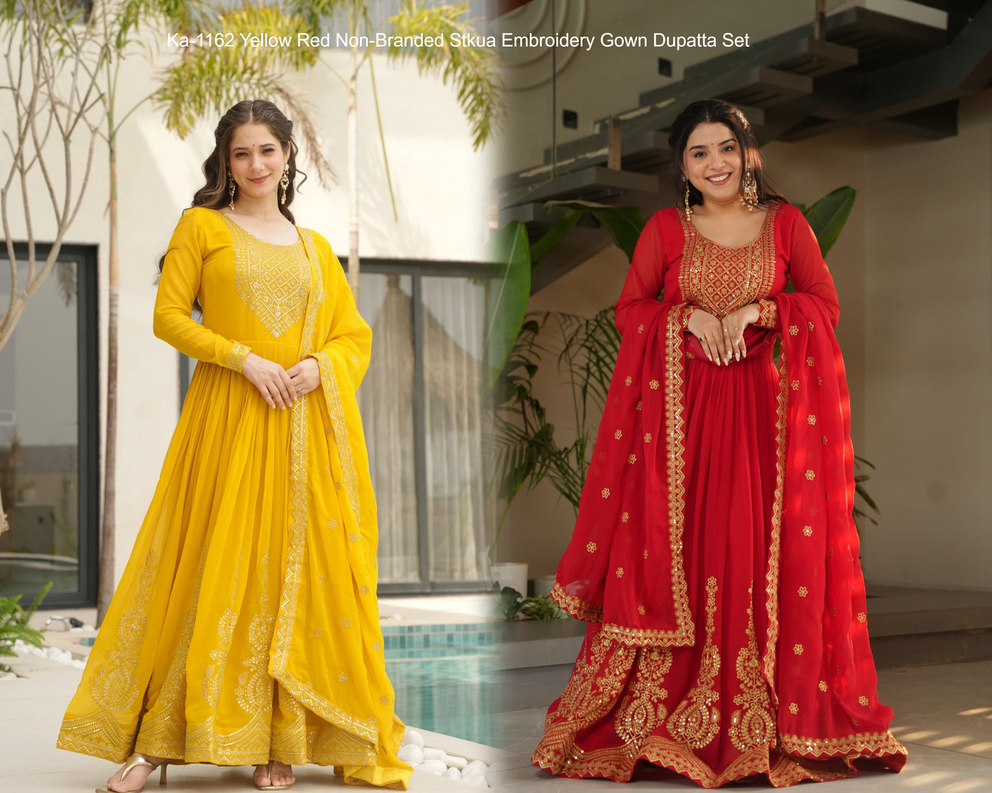 Ka-1162 Yellow Red Non-Branded Stkua Embroidery Gown Dupatta Set