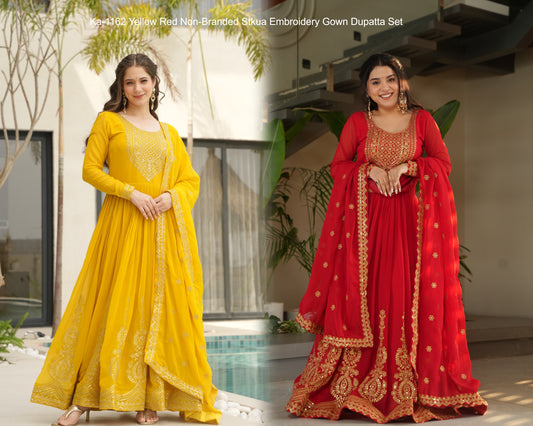 Ka-1162 Yellow Red Non-Branded Stkua Embroidery Gown Dupatta Set