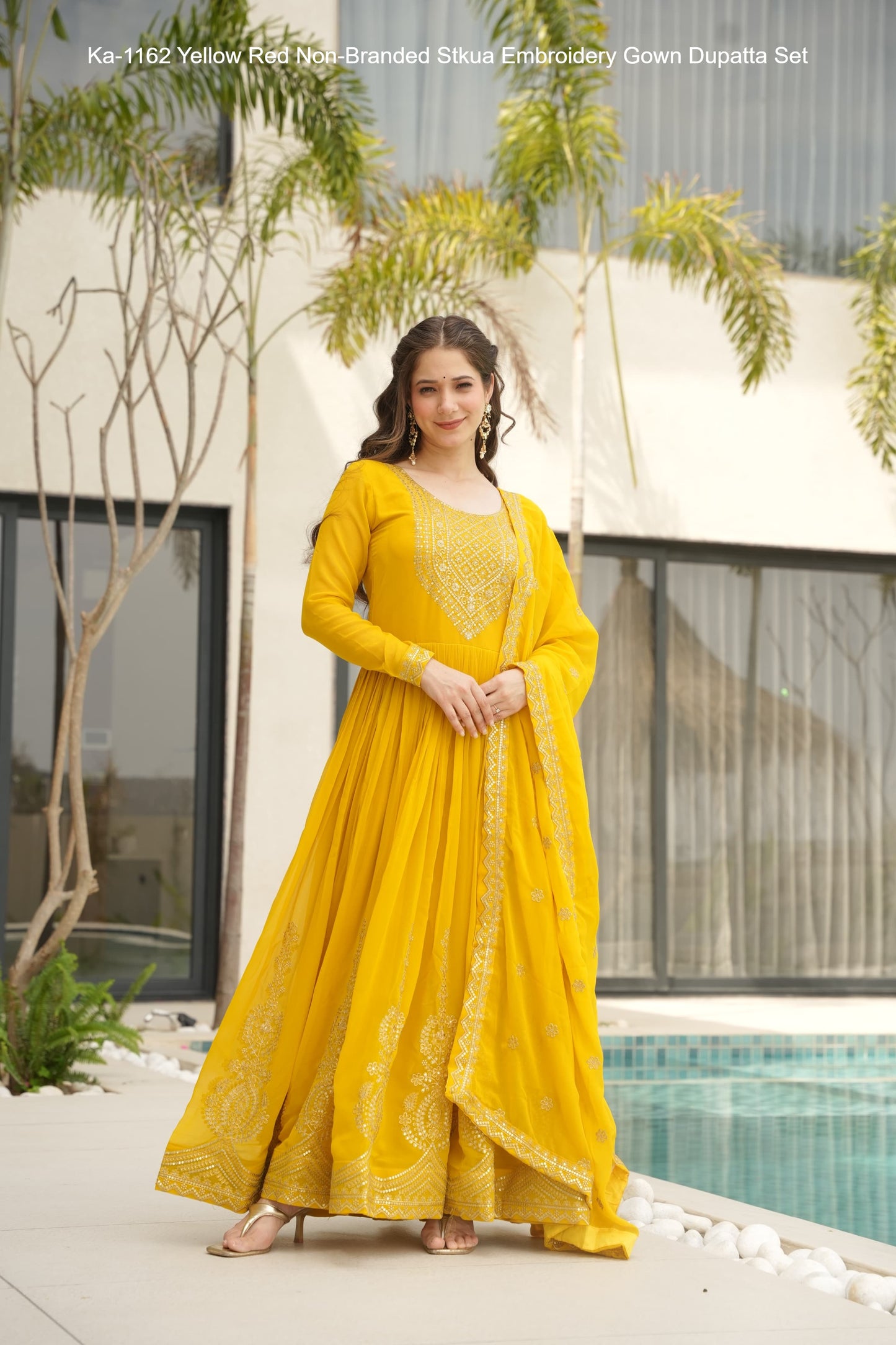 Ka-1162 Yellow Red Non-Branded Stkua Embroidery Gown Dupatta Set