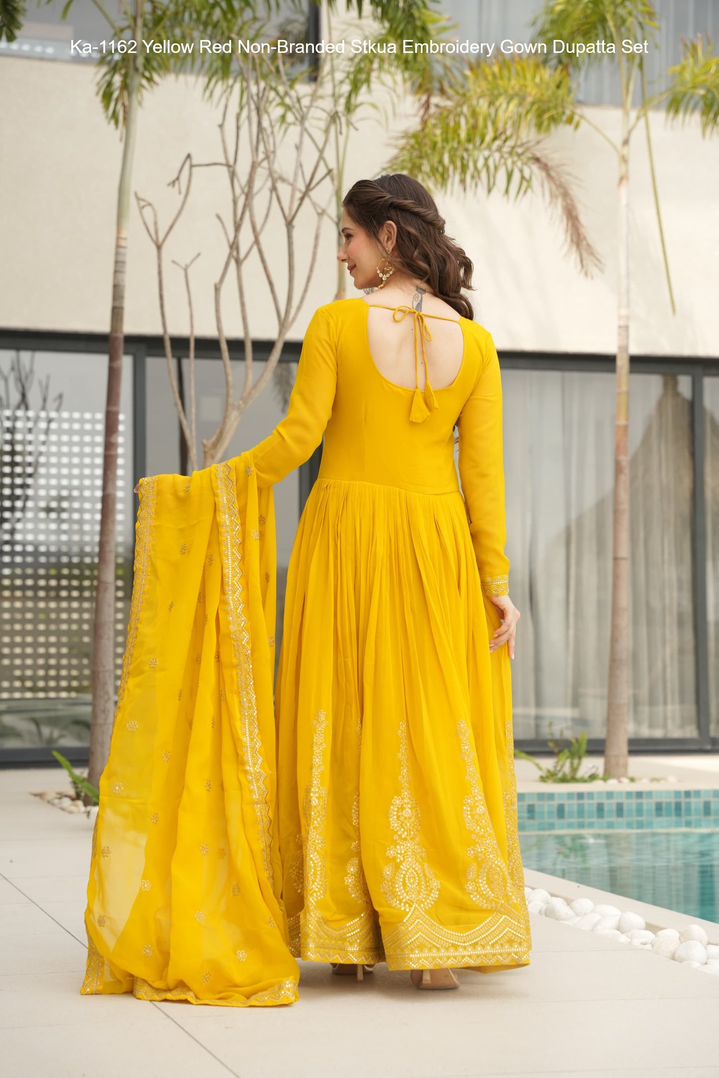 Ka-1162 Yellow Red Non-Branded Stkua Embroidery Gown Dupatta Set