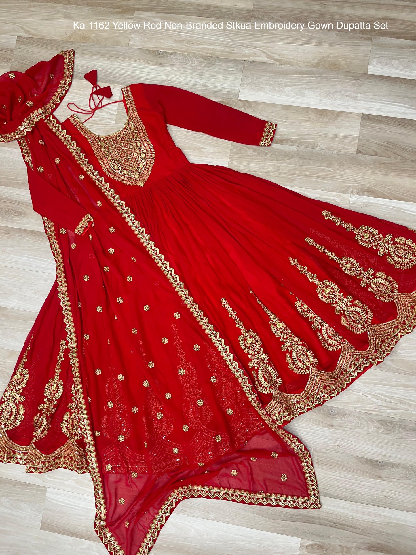 Ka-1162 Yellow Red Non-Branded Stkua Embroidery Gown Dupatta Set