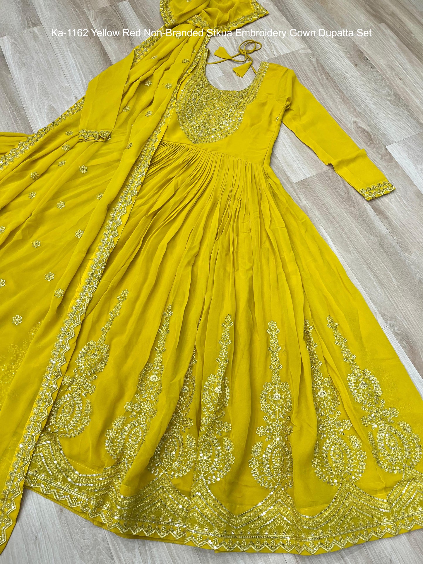 Ka-1162 Yellow Red Non-Branded Stkua Embroidery Gown Dupatta Set