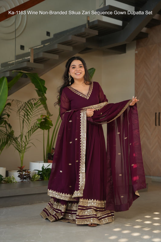 Ka-1163 Wine Non-Branded Stkua Zari Sequence Gown Dupatta Set