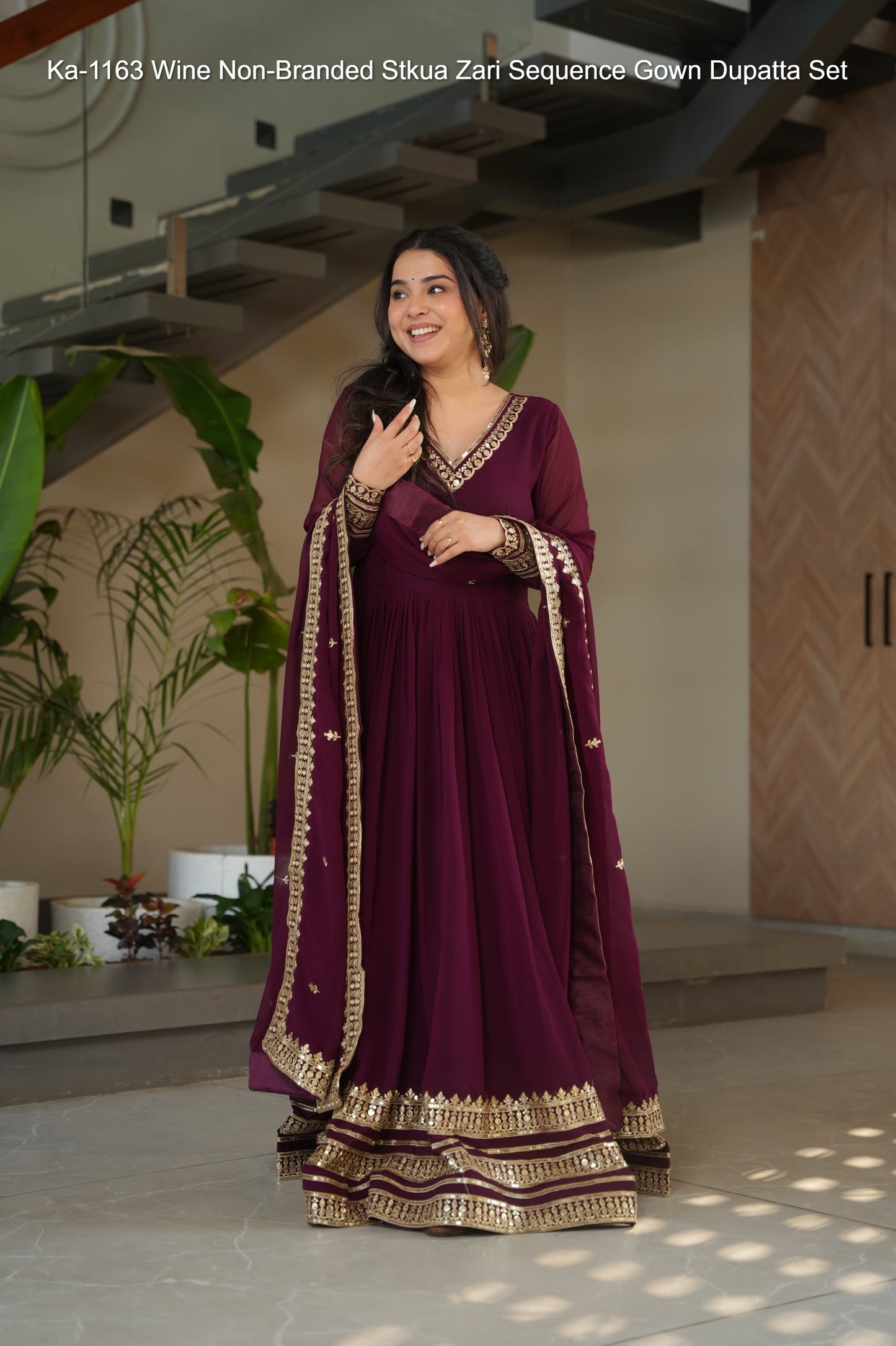 Ka-1163 Wine Non-Branded Stkua Zari Sequence Gown Dupatta Set