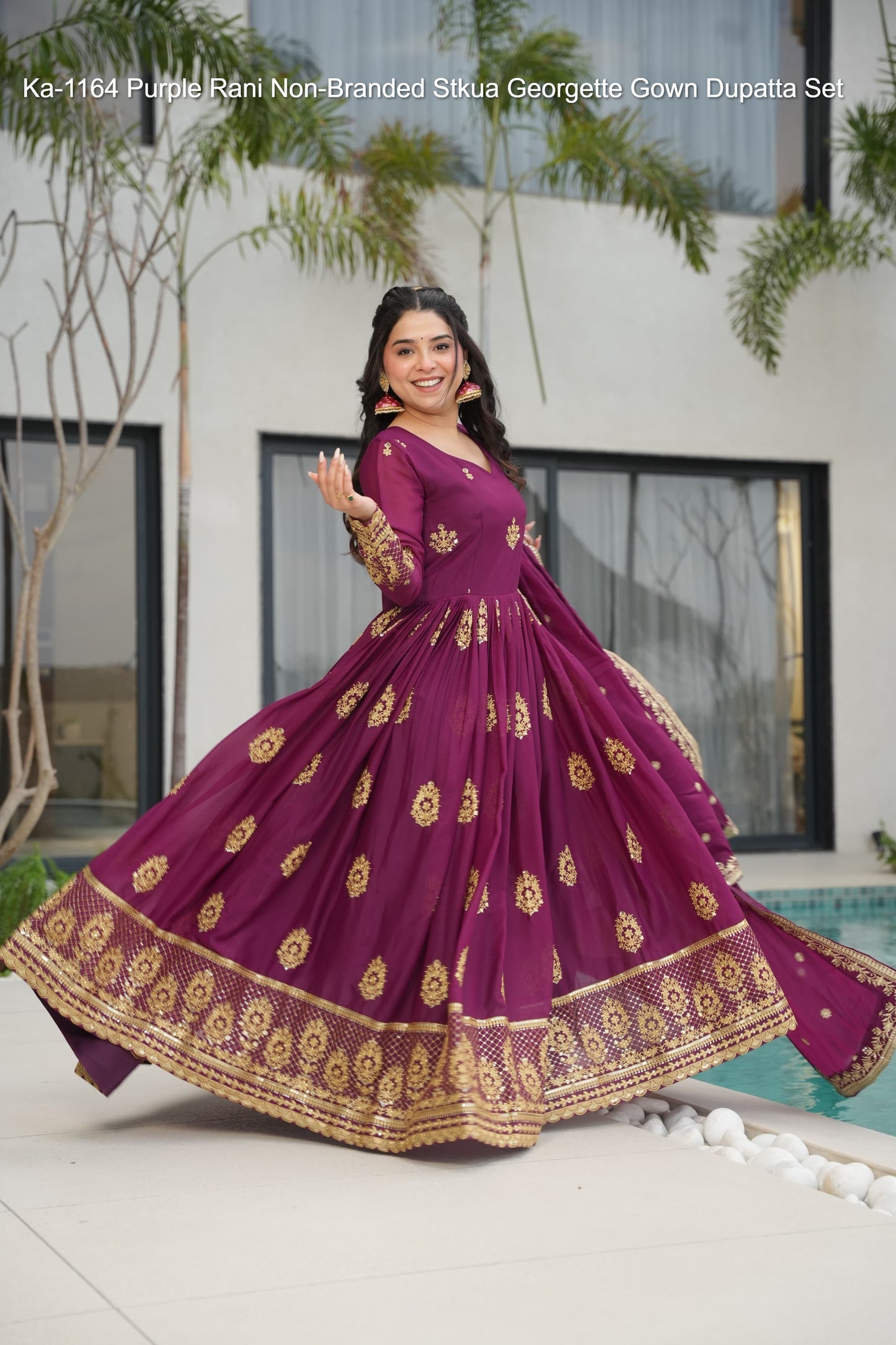 Ka-1164 Purple Rani Non-Branded Stkua Georgette Gown Dupatta Set