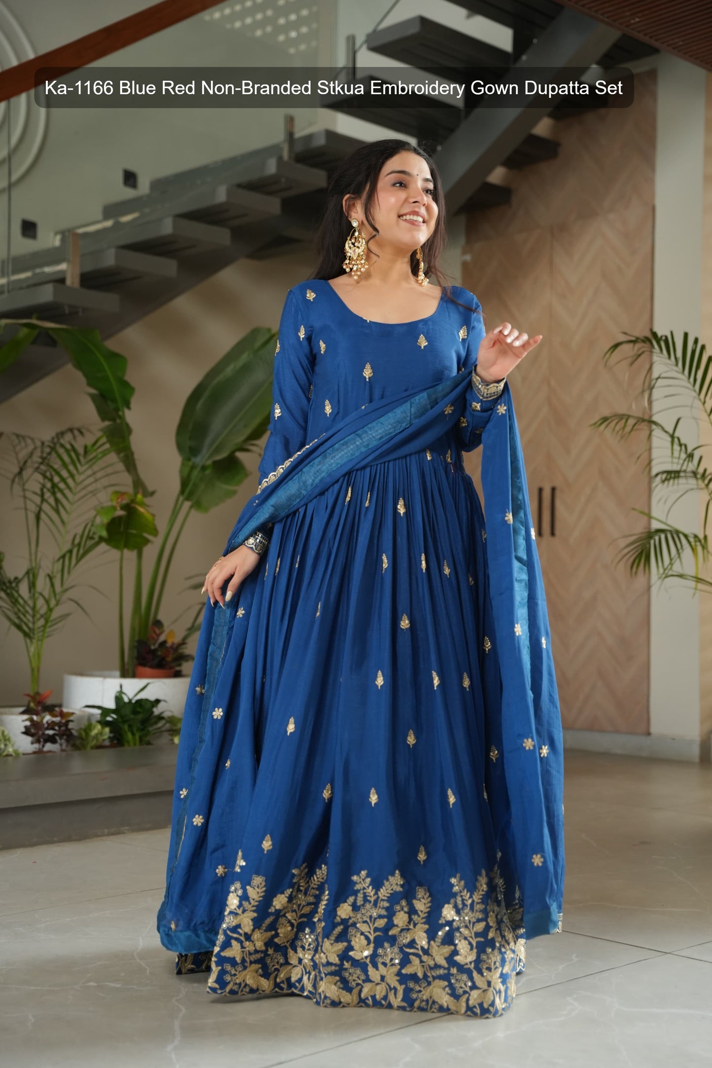 Ka-1166 Blue Red Non-Branded Stkua Embroidery Gown Dupatta Set