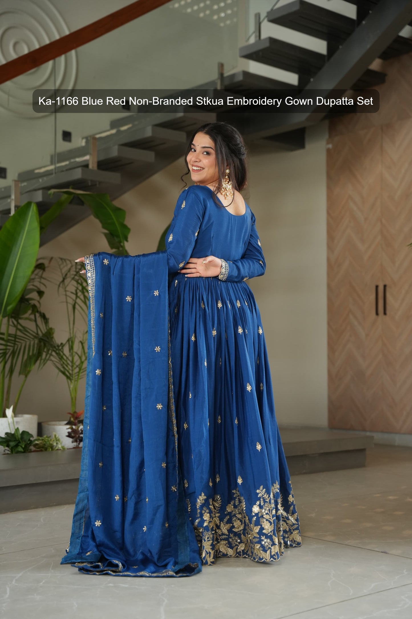 Ka-1166 Blue Red Non-Branded Stkua Embroidery Gown Dupatta Set