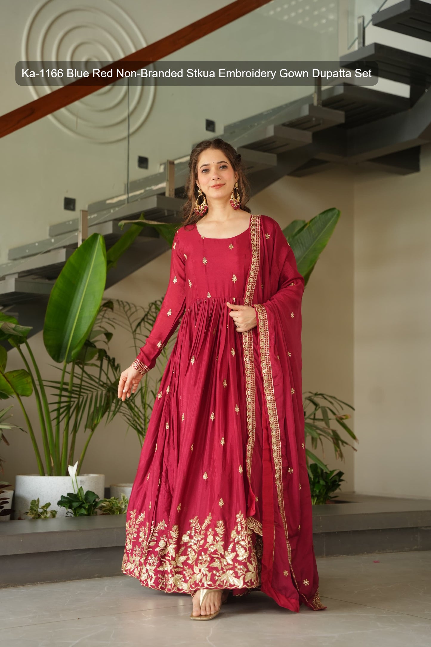 Ka-1166 Blue Red Non-Branded Stkua Embroidery Gown Dupatta Set