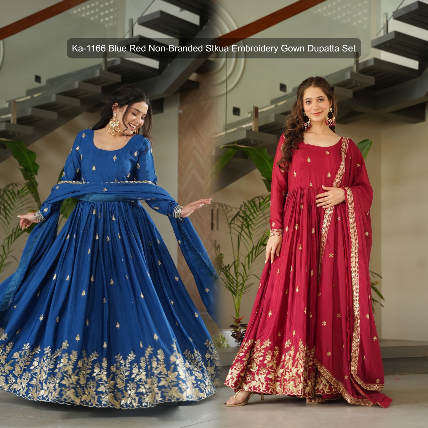 Ka-1166 Blue Red Non-Branded Stkua Embroidery Gown Dupatta Set