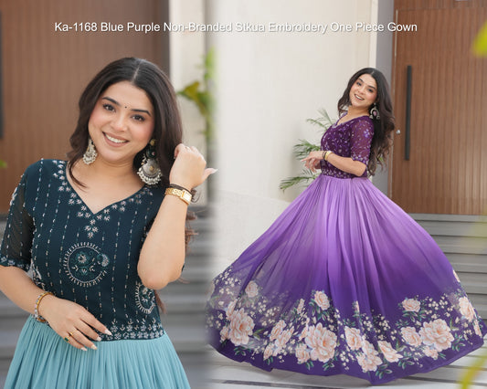 Ka-1168 Blue Purple Non-Branded Stkua Embroidery One Piece Gown