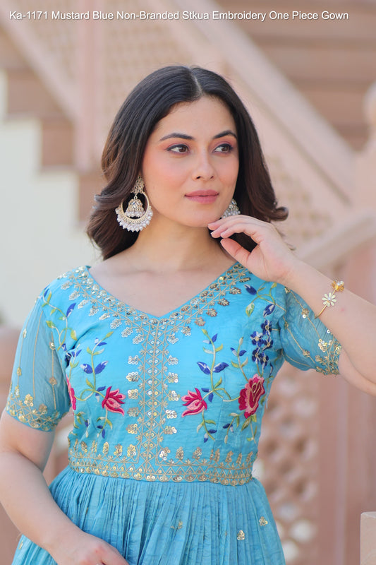 Ka-1171 Mustard Blue Non-Branded Stkua Embroidery One Piece Gown