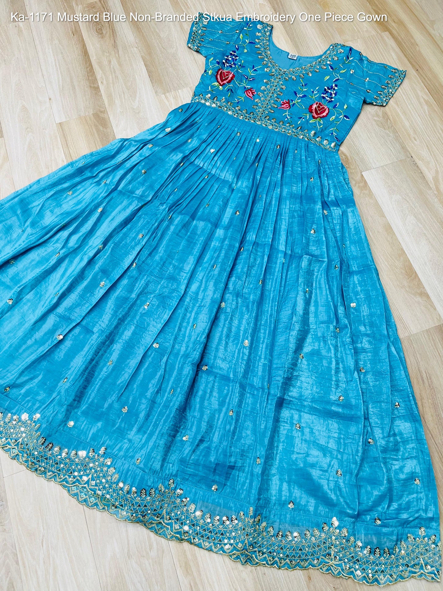 Ka-1171 Mustard Blue Non-Branded Stkua Embroidery One Piece Gown