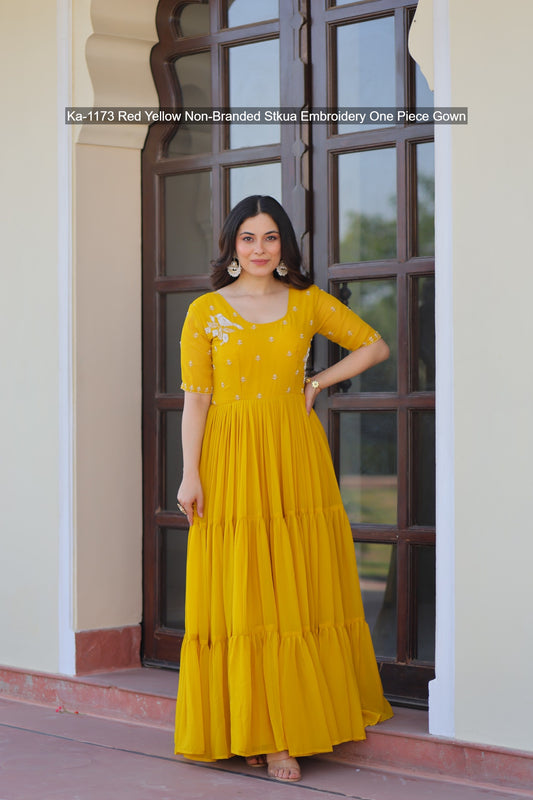 Ka-1173 Red Yellow Non-Branded Stkua Embroidery One Piece Gown