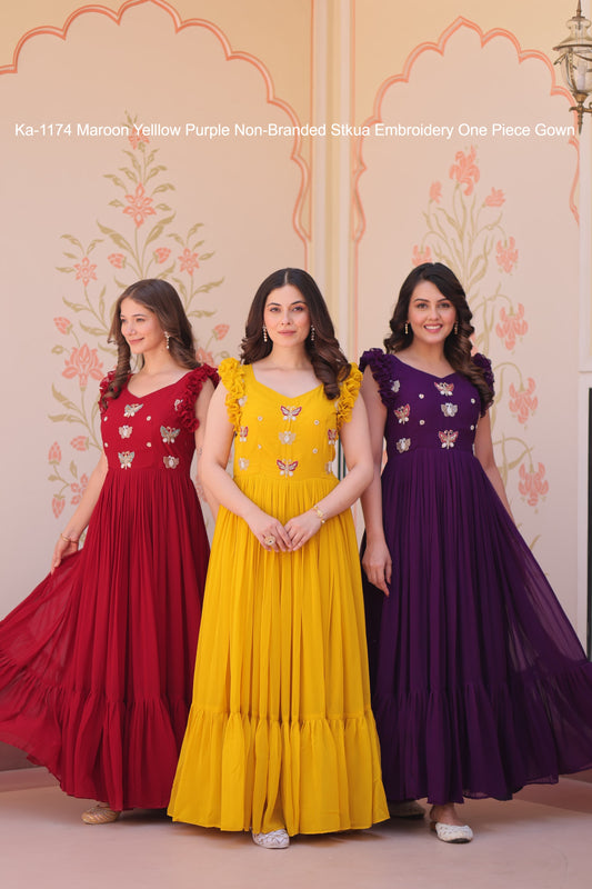 Ka-1174 Maroon Yelllow Purple Non-Branded Stkua Embroidery One Piece Gown
