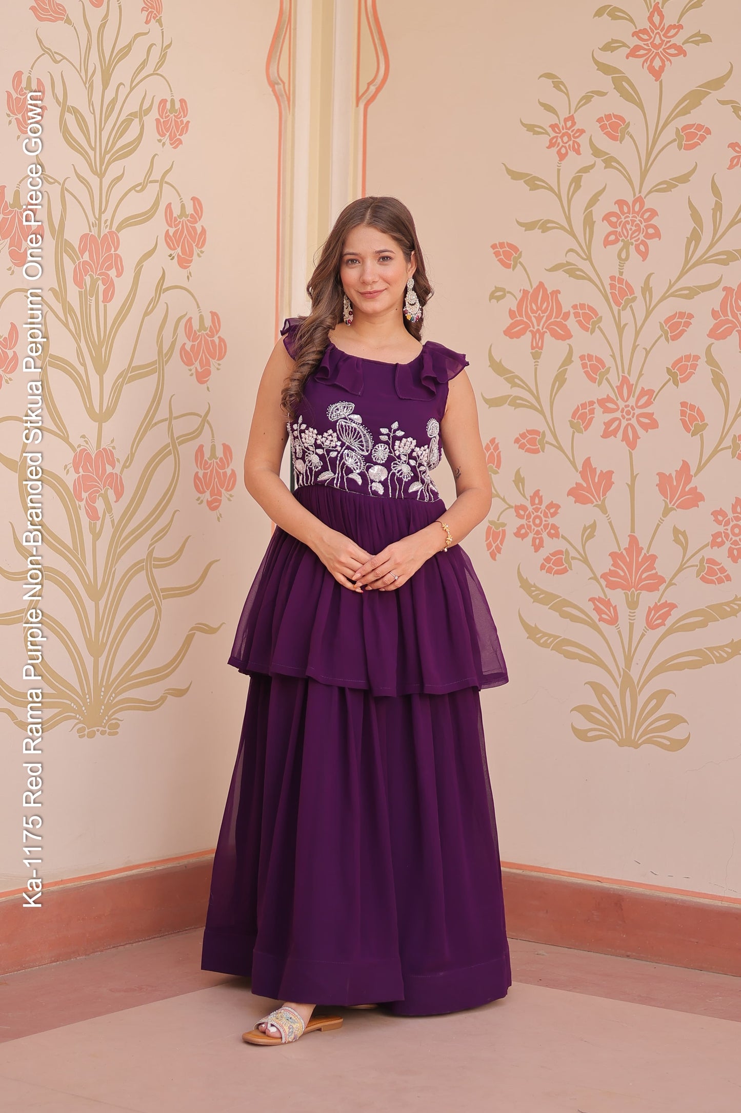 Ka-1175 Red Rama Purple Non-Branded Stkua Peplum One Piece Gown