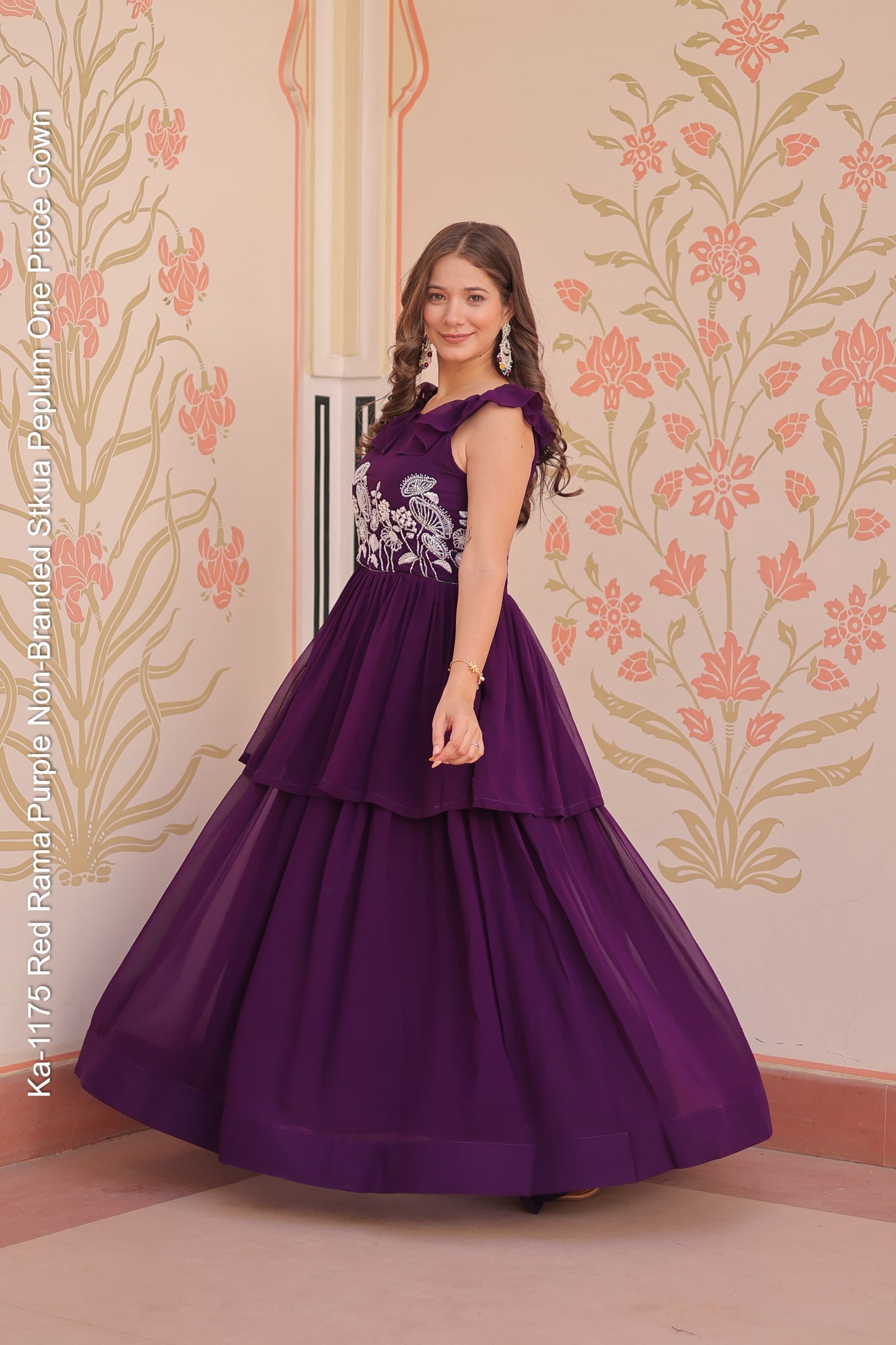 Ka-1175 Red Rama Purple Non-Branded Stkua Peplum One Piece Gown