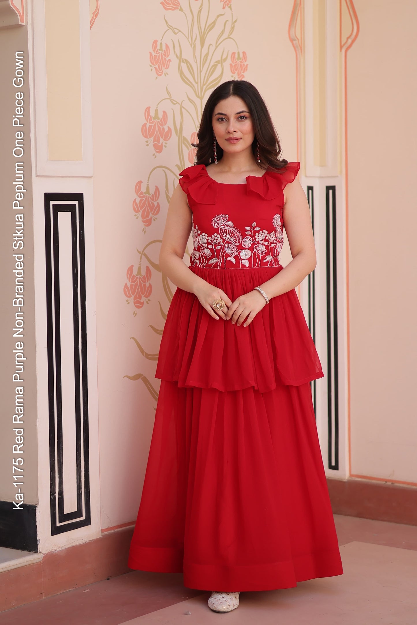 Ka-1175 Red Rama Purple Non-Branded Stkua Peplum One Piece Gown