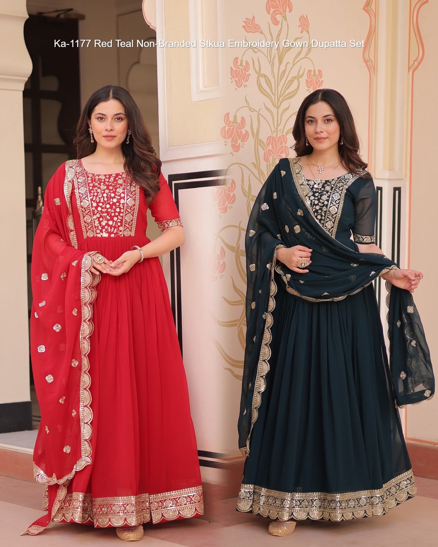 Ka-1177 Red Teal Non-Branded Stkua Embroidery Gown Dupatta Set