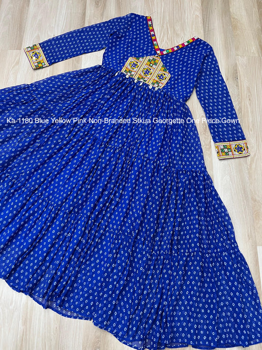 Ka-1180 Blue Yellow Pink Non-Branded Stkua Georgette One Piece Gown