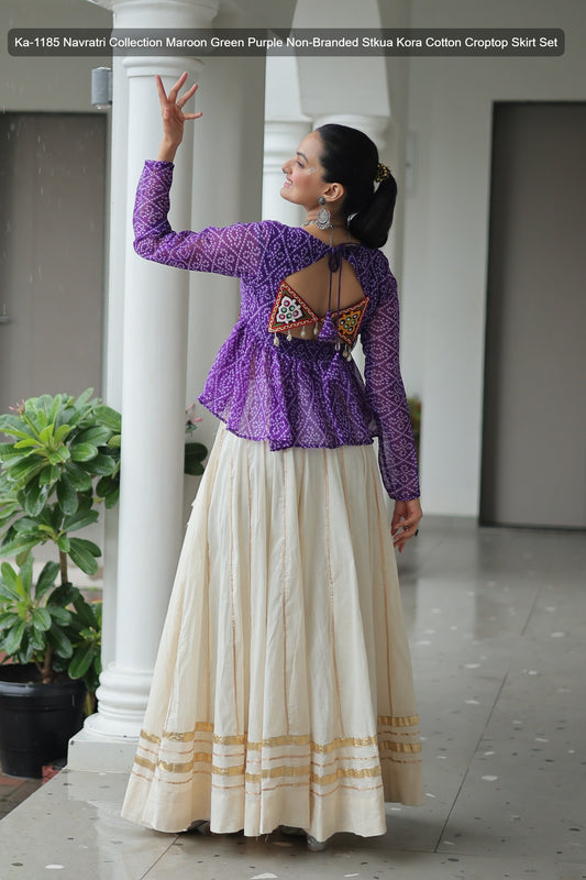 Ka-1185 Navratri Collection Maroon Green Purple Non-Branded Stkua Kora Cotton Croptop Skirt Set