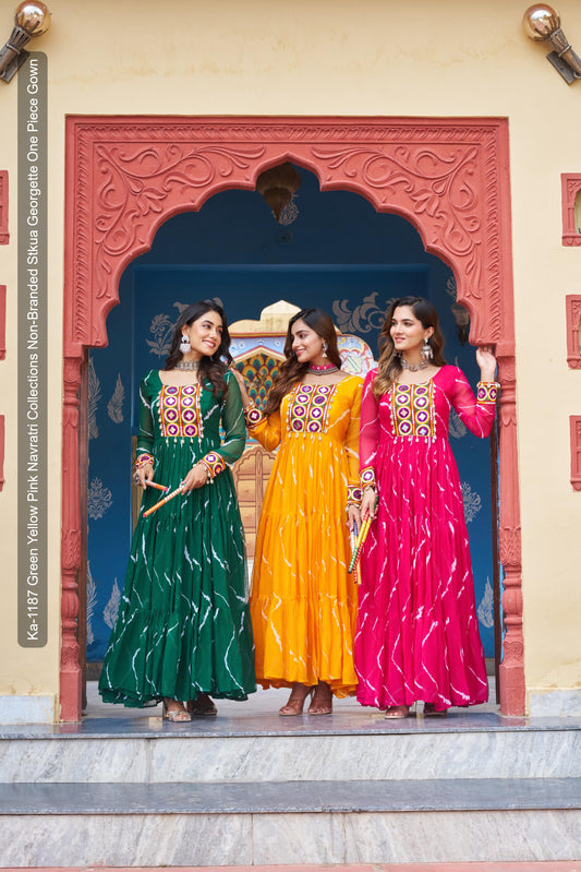 Ka-1187 Green Yellow Pink Navratri Collections Non-Branded Stkua Georgette One Piece Gown