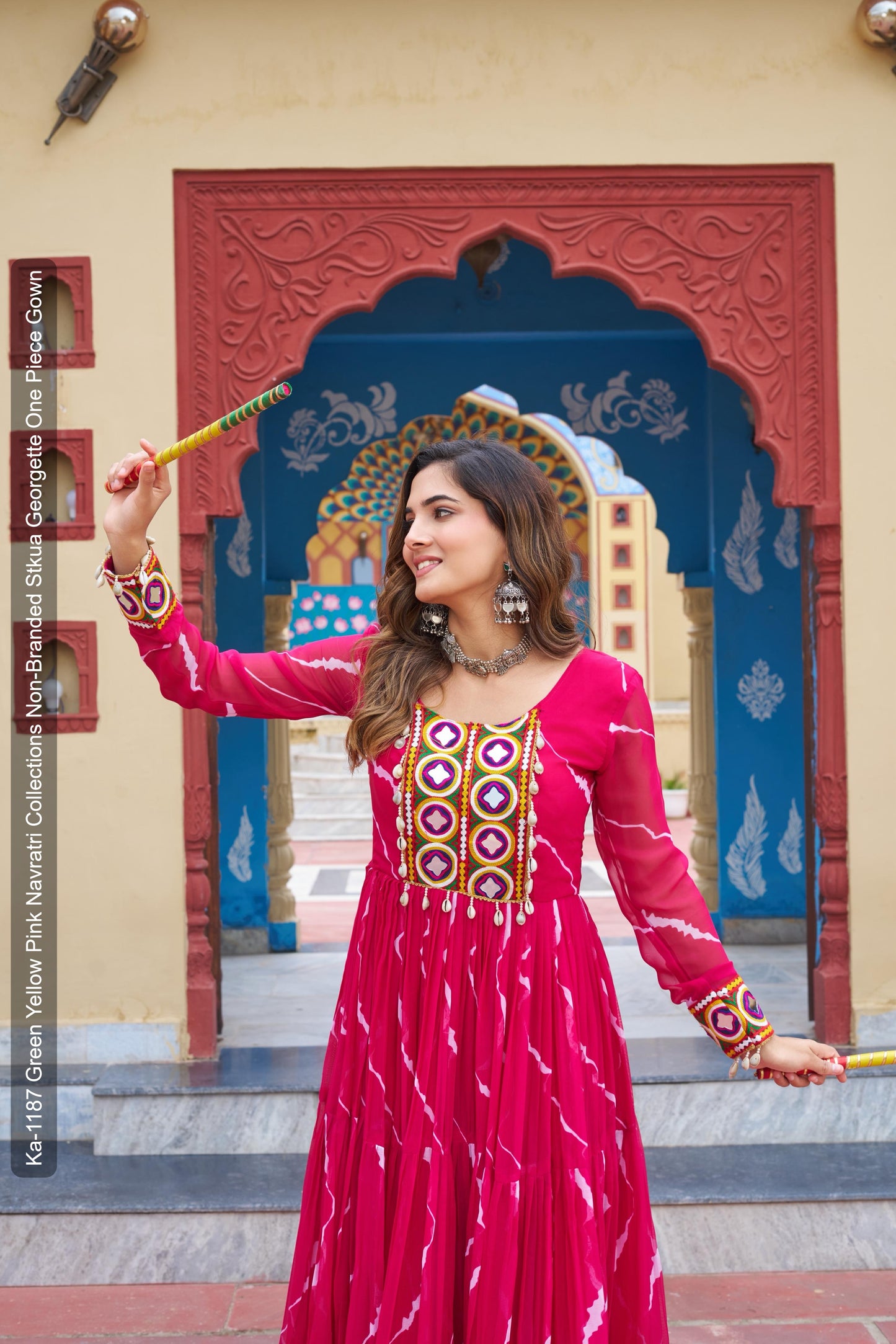 Ka-1187 Green Yellow Pink Navratri Collections Non-Branded Stkua Georgette One Piece Gown