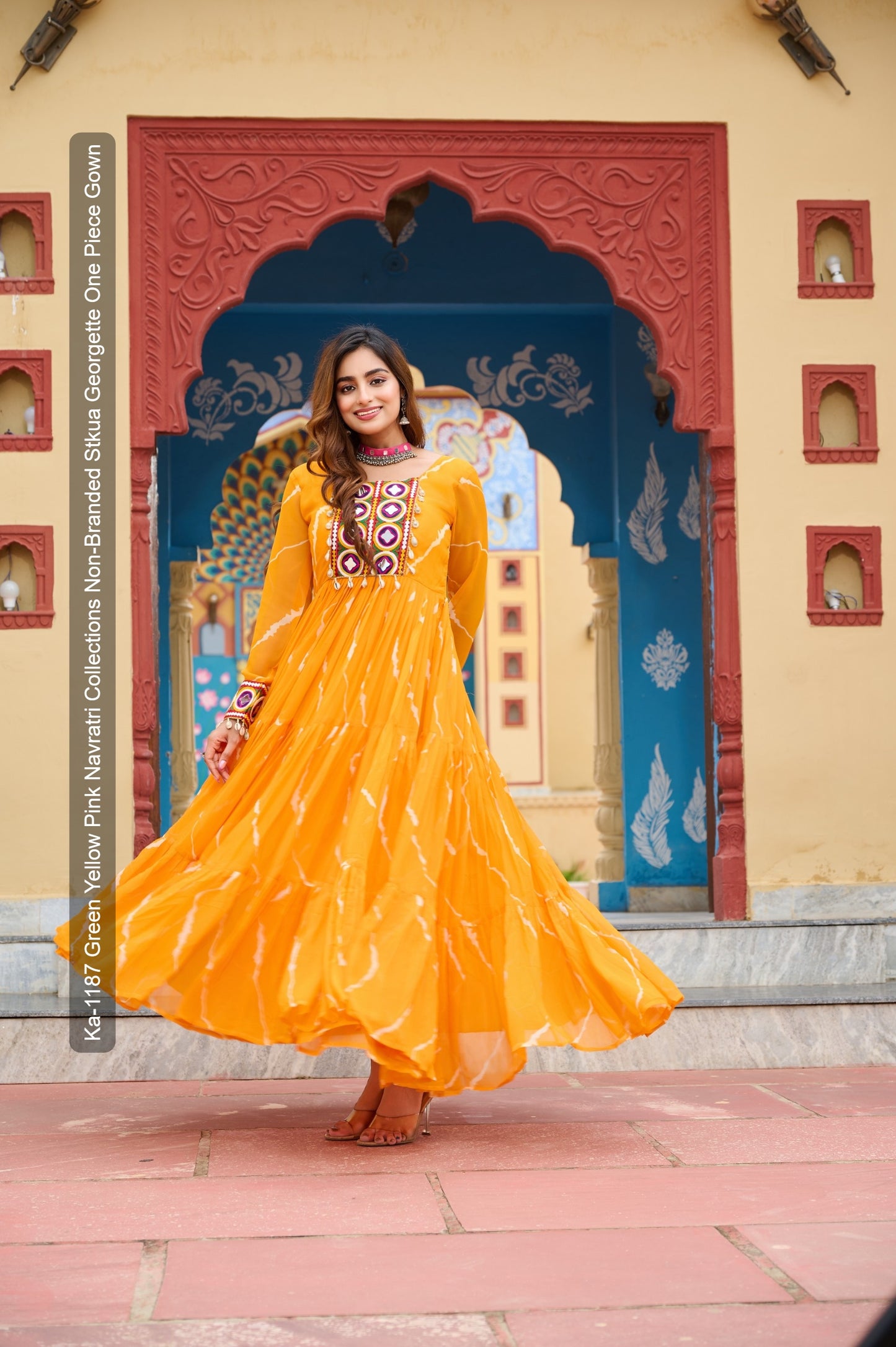 Ka-1187 Green Yellow Pink Navratri Collections Non-Branded Stkua Georgette One Piece Gown