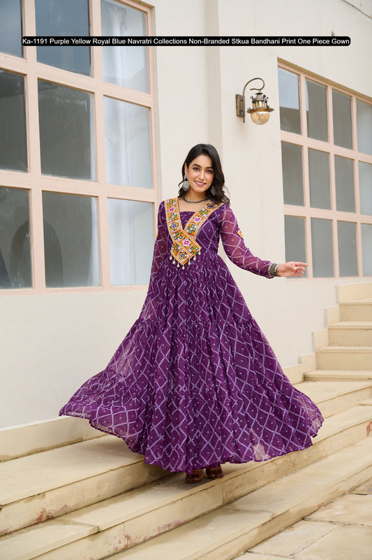Ka-1191 Purple Yellow Royal Blue Navratri Collections Non-Branded Stkua Bandhani Print One Piece Gown